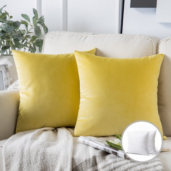 Phantoscope Soft Silky Velvet Series Square Decorative Throw Pillow Cusion for Couch, 22" x 22", Yellow, 2 Pack