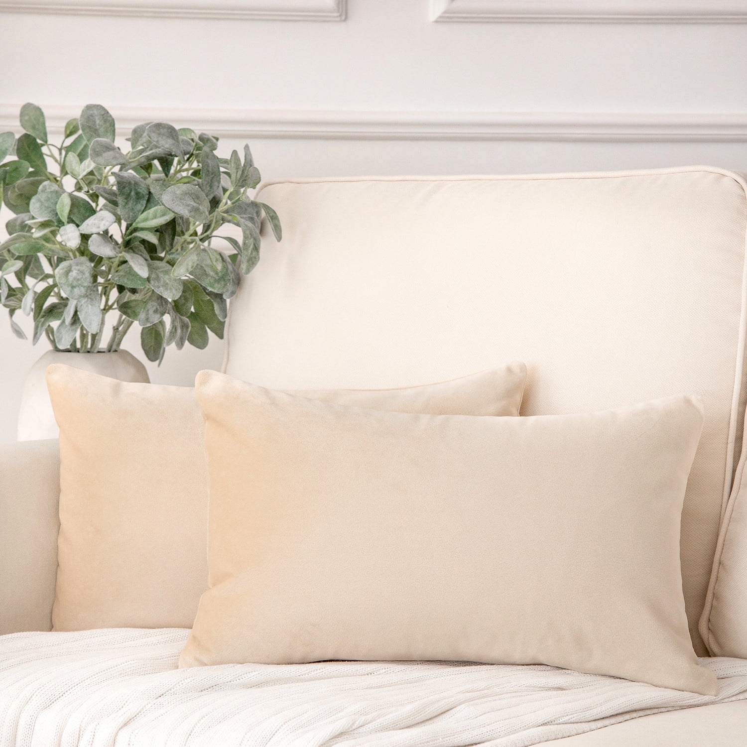 Phantoscope Soft Solid Square Velvet Decorative Throw Pillow Cover for Couch and Sofa, 12" x 20", Beige, 2 Pack
