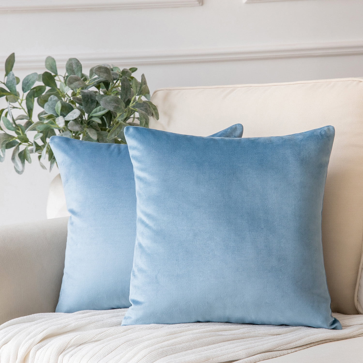 Phantoscope Soft Solid Square Velvet Decorative Throw Pillow Cover for Couch and Sofa, 18" x 18", Blue, 2 Pack