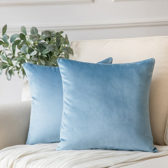 Phantoscope Soft Solid Square Velvet Decorative Throw Pillow Cover for Couch and Sofa, 18" x 18", Blue, 2 Pack