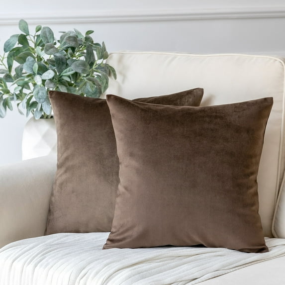Phantoscope Soft Solid Square Velvet Decorative Throw Pillow Cover for Couch and Sofa, 18" x 18", Dark Coffee, 2 Pack