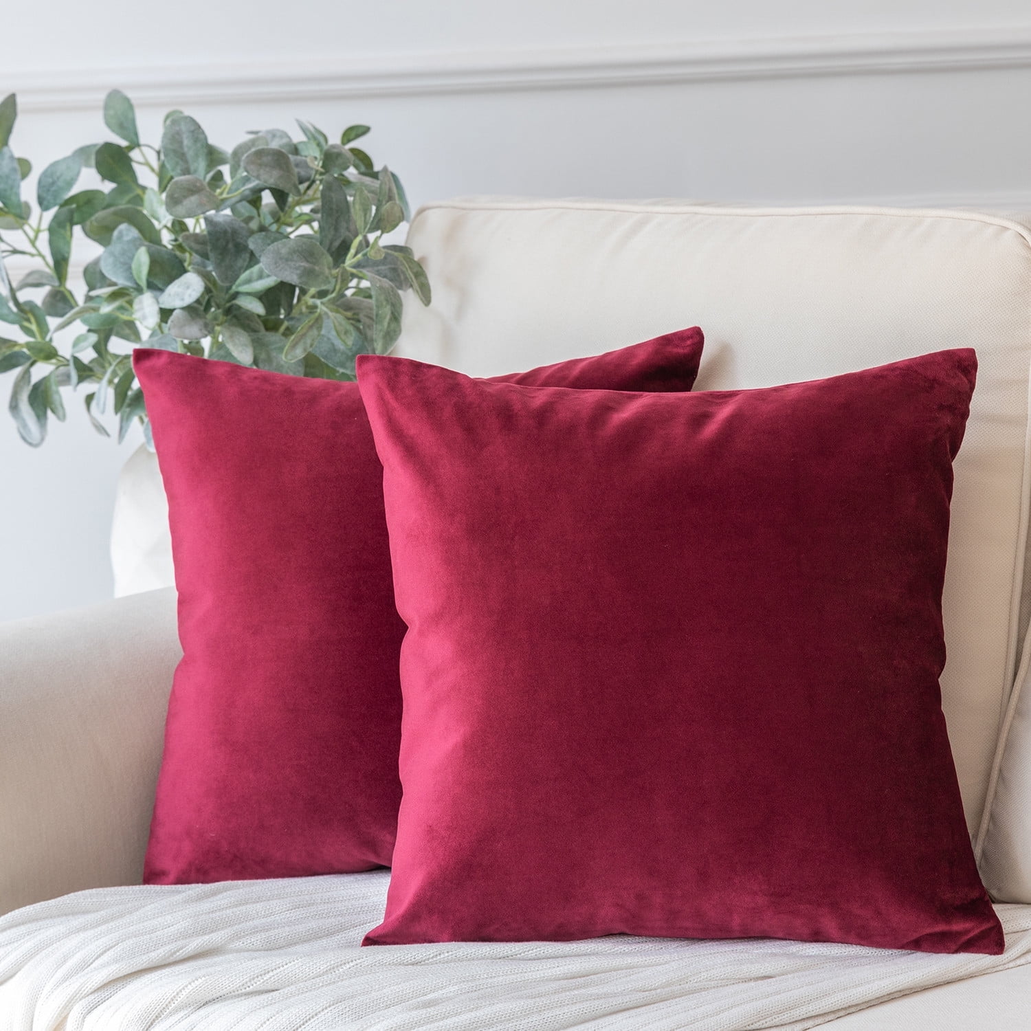 Phantoscope Soft Solid Square Velvet Decorative Throw Pillow Cover for Couch and Sofa, 20" x 20", Crimson, 2 Pack