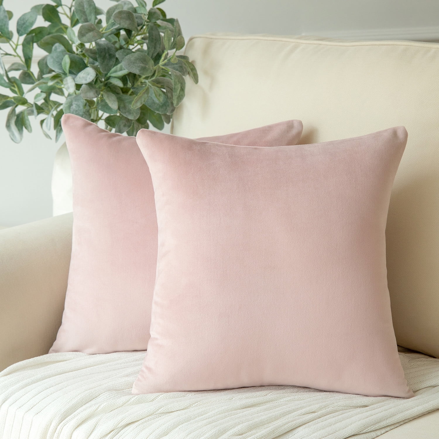 Phantoscope Soft Solid Square Velvet Decorative Throw Pillow Cover for Couch and Sofa, 20" x 20", Light Pink, 2 Pack