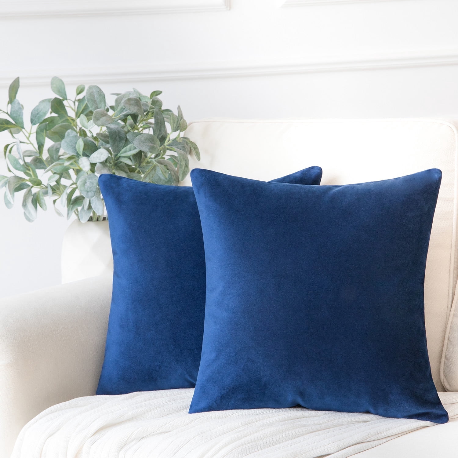 Phantoscope Soft Solid Square Velvet Decorative Throw Pillow Cover for Couch and Sofa, 20" x 20", Navy Blue, 2 Pack