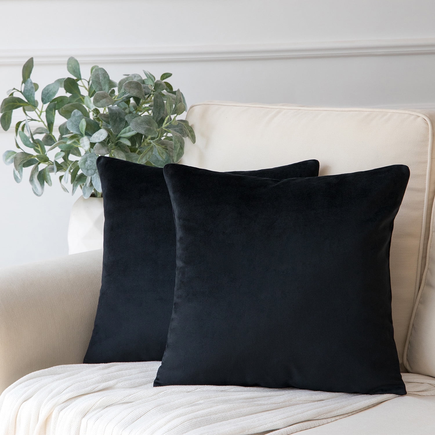 Phantoscope Soft Solid Square Velvet Decorative Throw Pillow for Couch and Sofa, 22" x 22", Black, 2 Pack