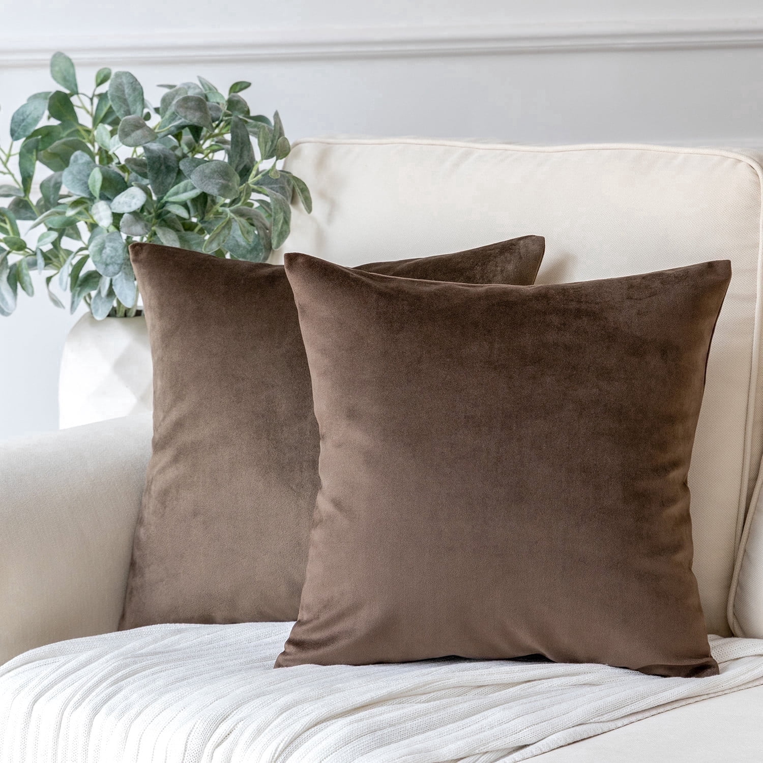 Phantoscope Soft Silky Velvet Decorative Throw Pillow Cover, 22" x 22", Dark Coffee, 2 Pack