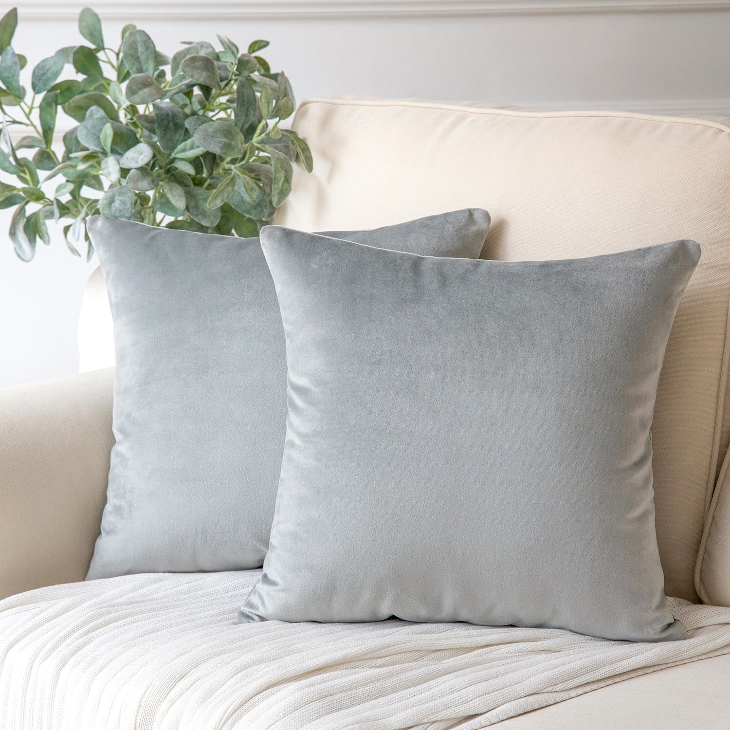 Phantoscope Soft Solid Square Velvet Decorative Throw Pillow Cover for Couch and Sofa, 22" x 22", Light Gray, 2 Pack