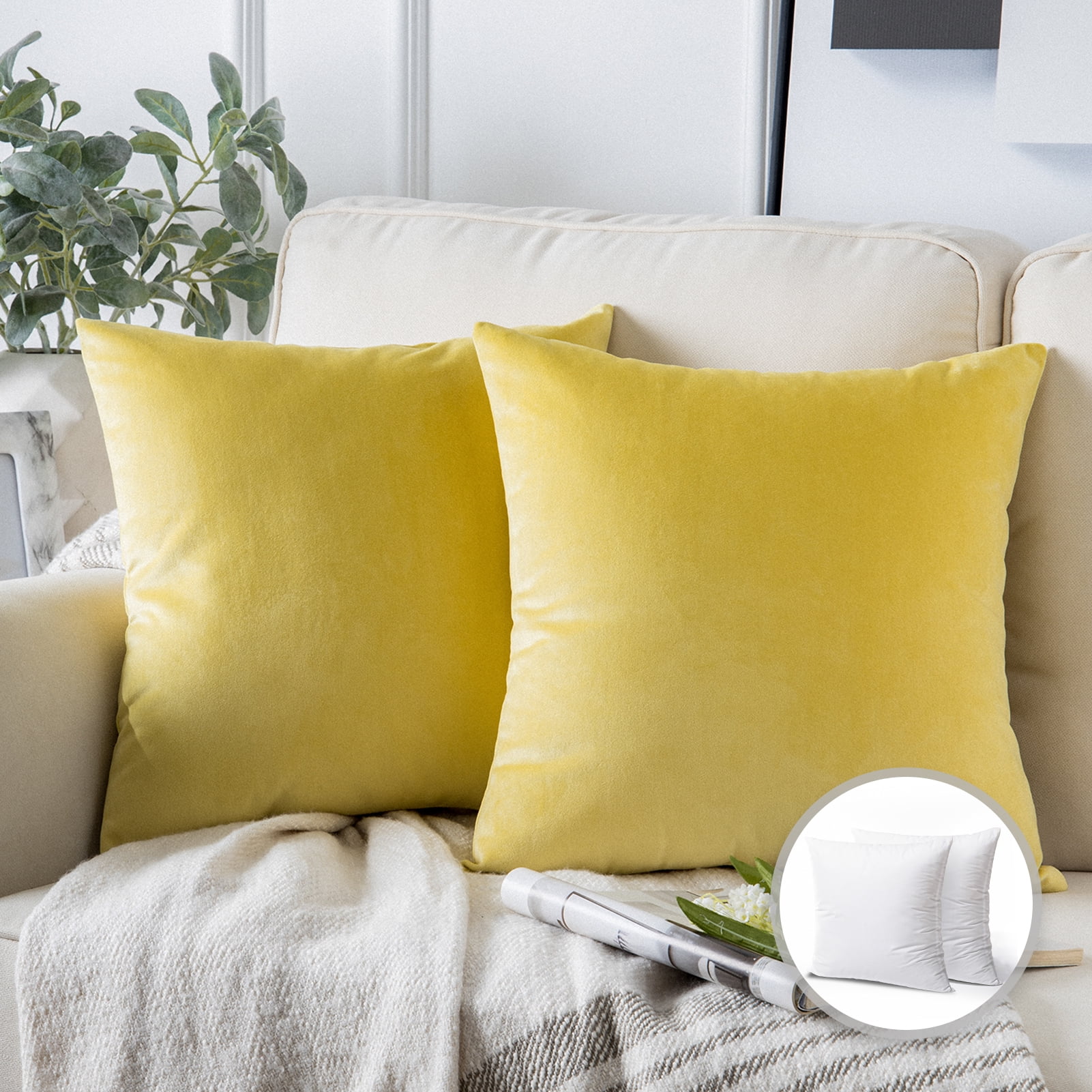 Phantoscope Soft Solid Square Velvet Decorative Throw Pillow for Couch and Sofa, 22" x 22", Yellow, 2 Pack