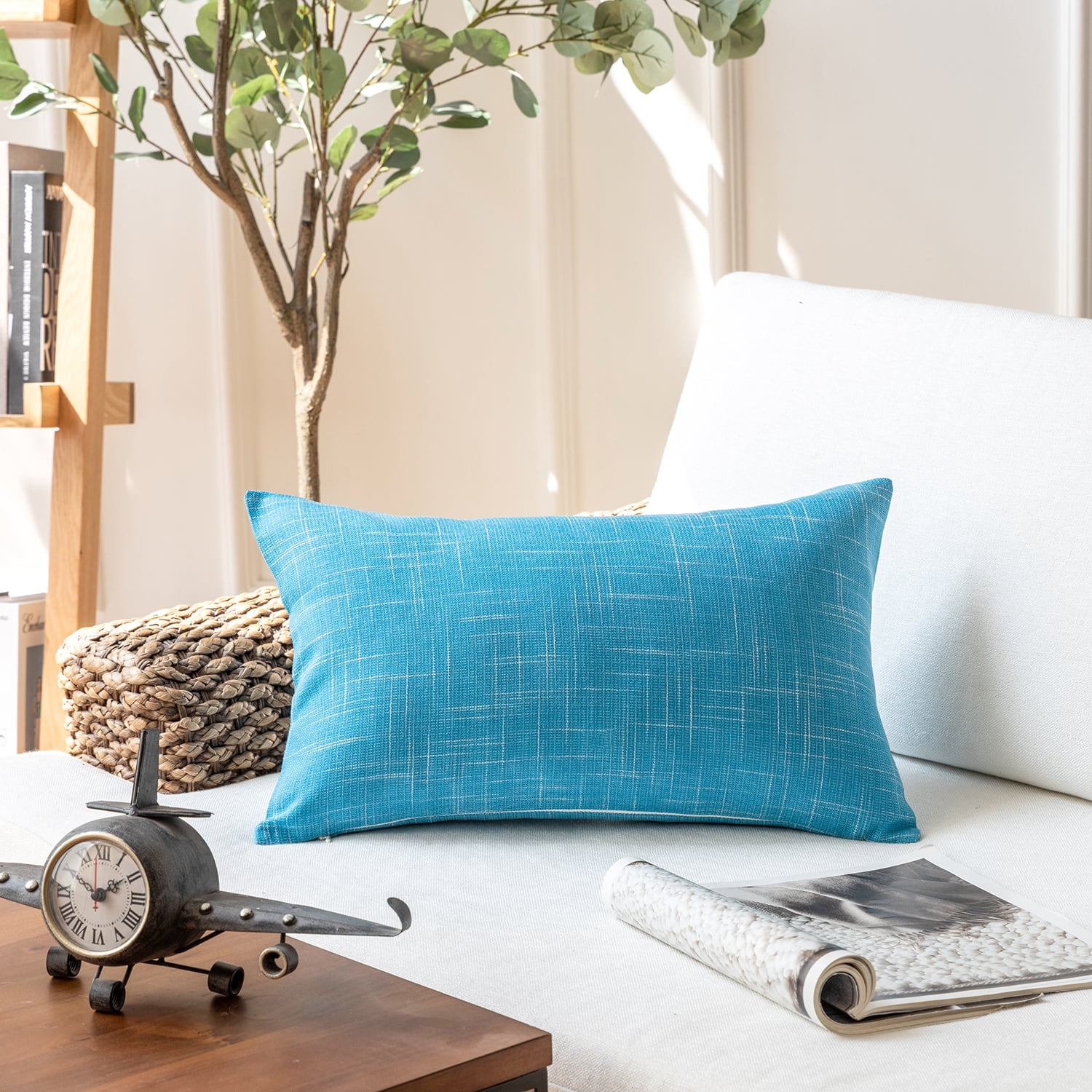 Phantoscope Soft Textured Linen Burlap Series Decorative Throw Pillow, 12" x 20", Lake Blue, 1 Pack
