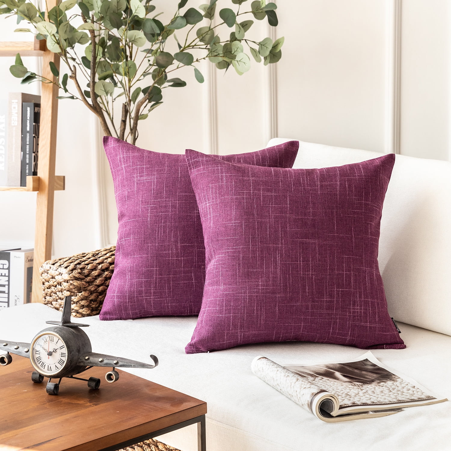 Phantoscope Soft Textured Linen Burlap Series Decorative Throw Pillow, 18" x 18", Purple, 2 Pack