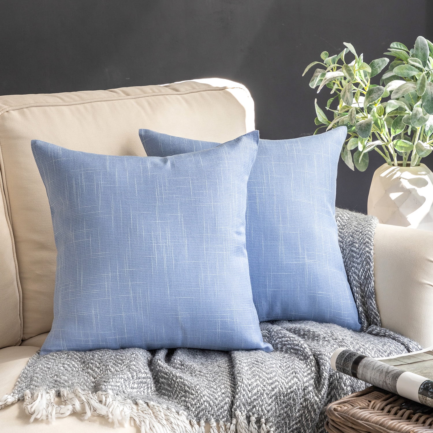 Phantoscope Soft Textured Linen Burlap Series Decorative Throw Pillow, 18" x 18", Sky Blue, 2 Pack