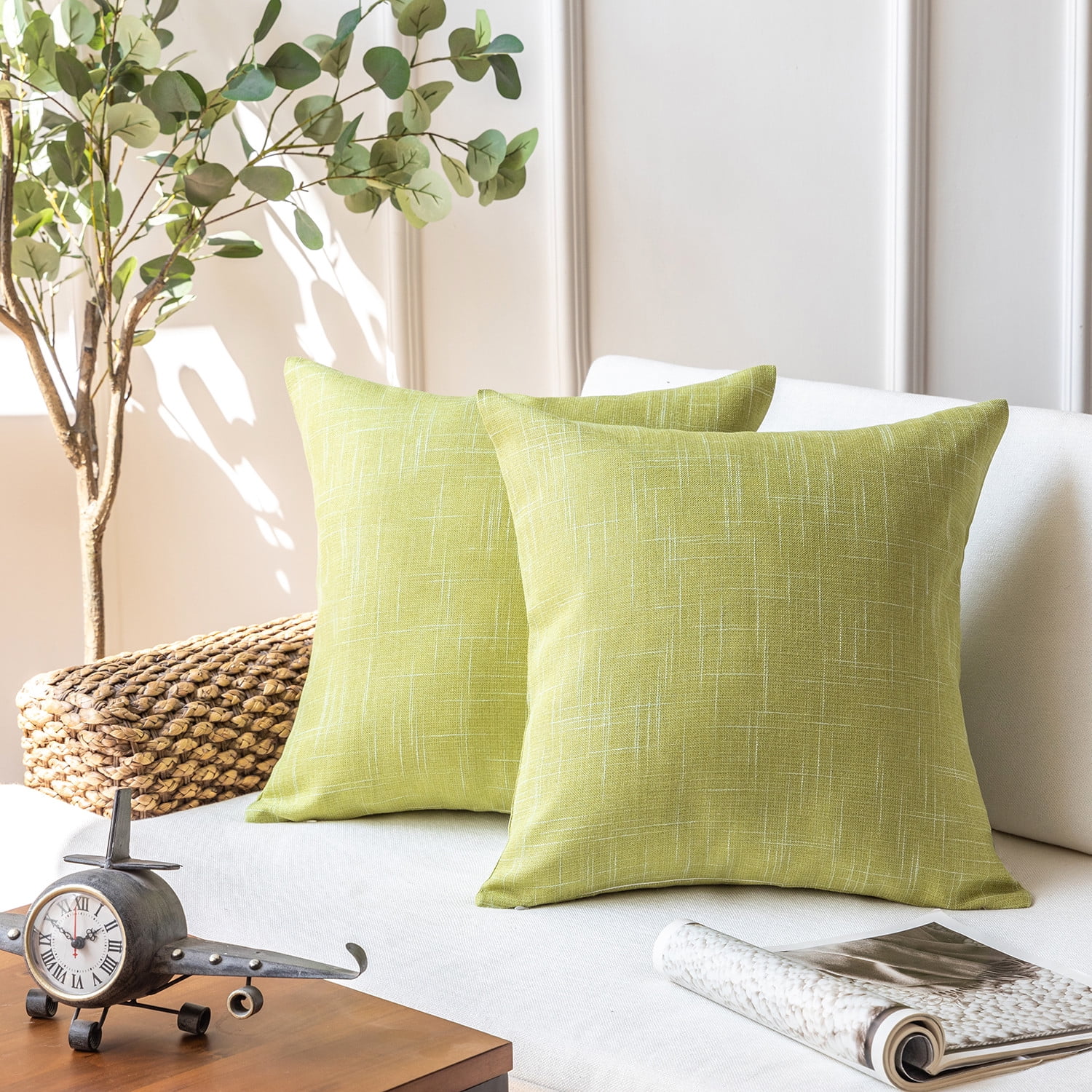 Phantoscope Soft Textured Linen Burlap Series Decorative Throw Pillow, 18" x 18", Yellow Green, 2 Pack