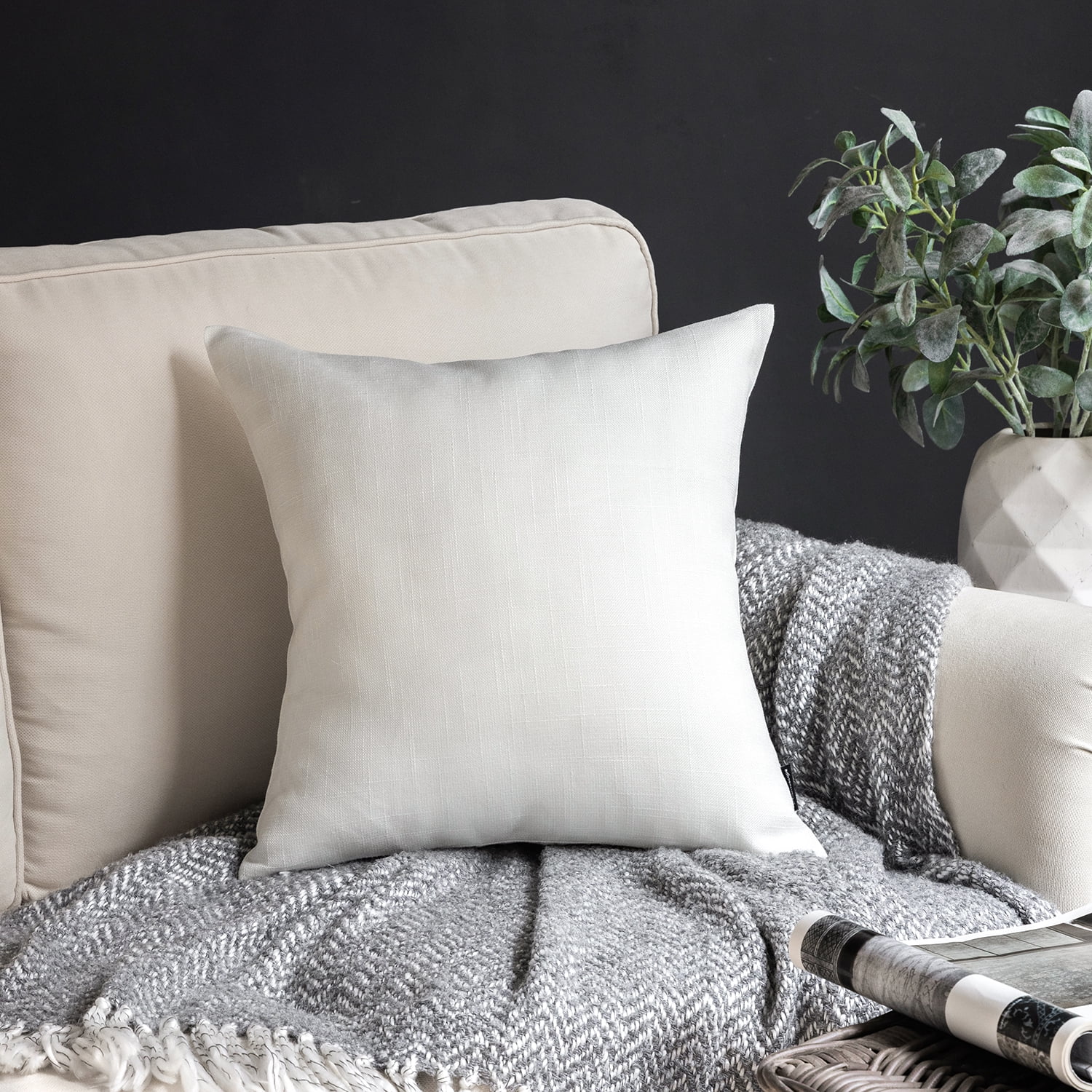 Phantoscope Soft Textured Linen Burlap Series Decorative Throw Pillow, 20" x 20", White, 1 Pack