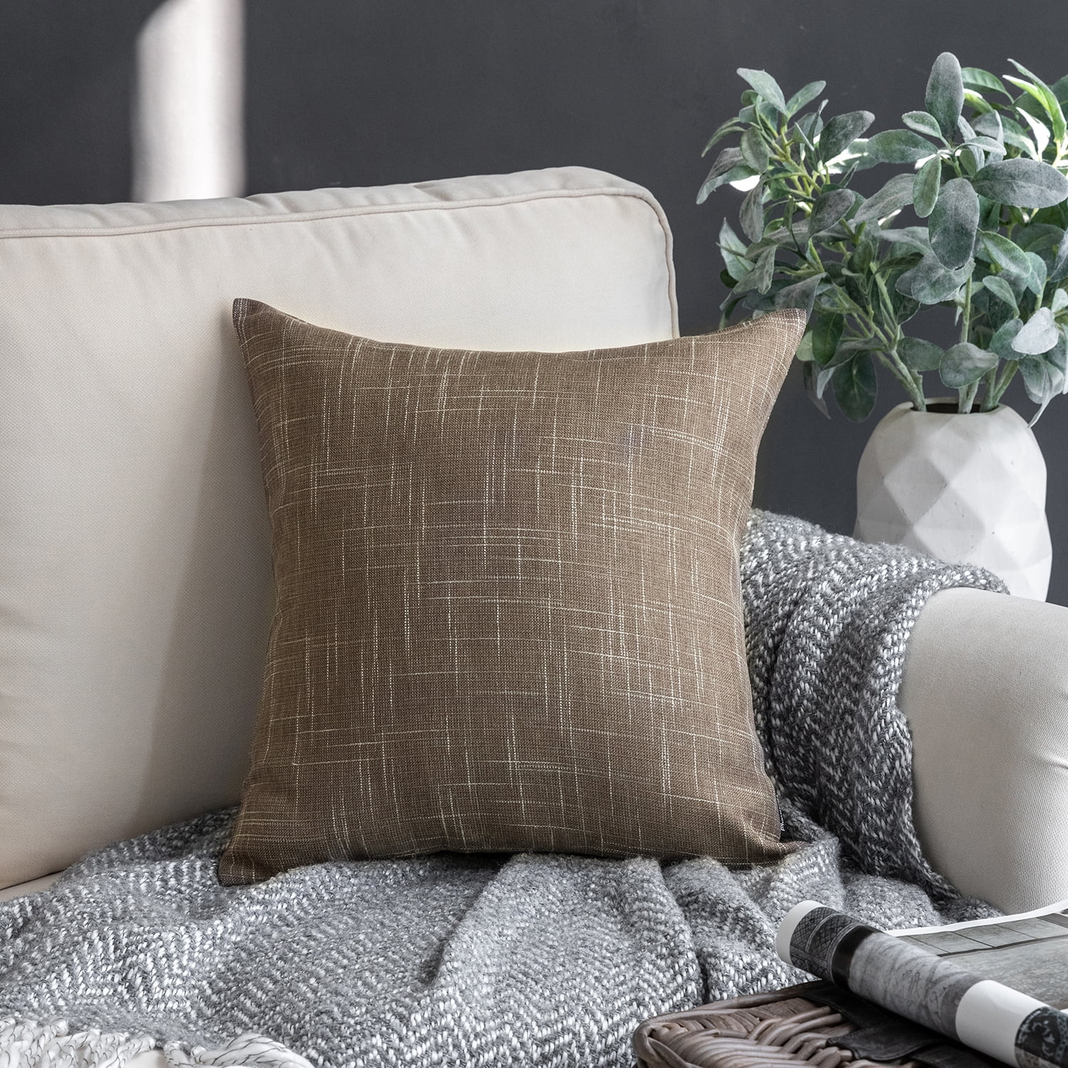 Phantoscope Soft Textured Linen Burlap Series Decorative Throw Pillow, 22" x 22", Light Coffee, 1 Pack