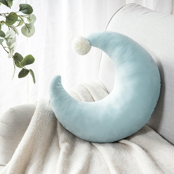 Phantoscope Soft Velvet Moon Character Decorative Throw Pillow with Pom Pom for Kid's Bedding, 18" x 16", Light Blue, 1 Pack