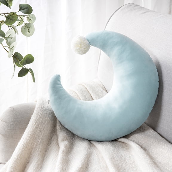 Phantoscope Soft Velvet Moon Character Decorative Throw Pillow with Pom Pom for Kid's Bedding, 18" x 16", Light Blue, 1 Pack
