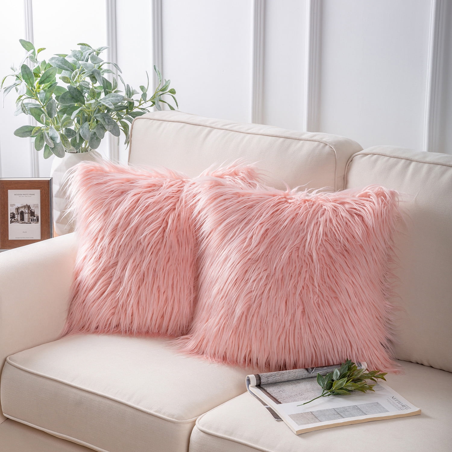 Peshtemania Deep Pink Fluffy Pillows (2packs 20x20) Cute Faux Fur Pillow  Case Decorative for Couch Sofa Fuzzy Throw Pillows Covers for Bedroom