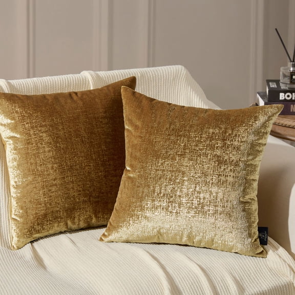 Phantoscope Sparkling Velvet Decorative Throw Pillows, Soft Gold Glitter Solid Cushions, Gold, 20 x 20 in, Set of 2