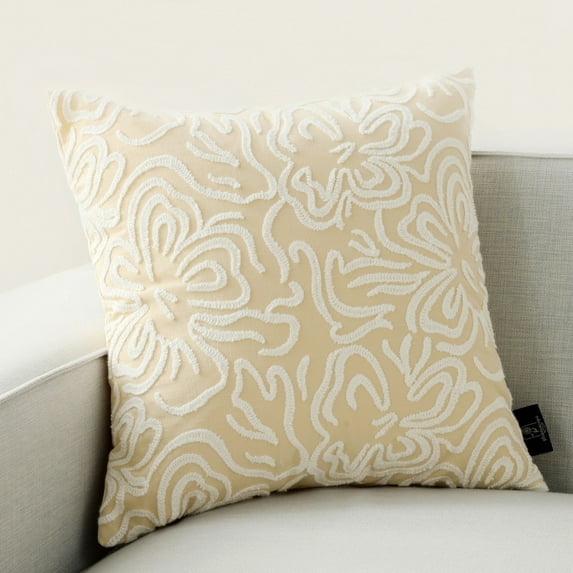 Phantoscope Spring Chenille Embroidery Flowers Throw Pillow, Plant Decor, 18" x 18", Beige, 1 Pack