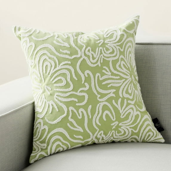 Phantoscope Spring Chenille Embroidery Flowers Throw Pillow, Plant Decor, 18" x 18", Light Green, 1 Pack