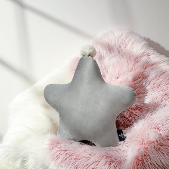 Phantoscope Star Decorative Pillow with Pom Pom, Soft Velvet, Light Gray, 18" x 18", 1 Pack