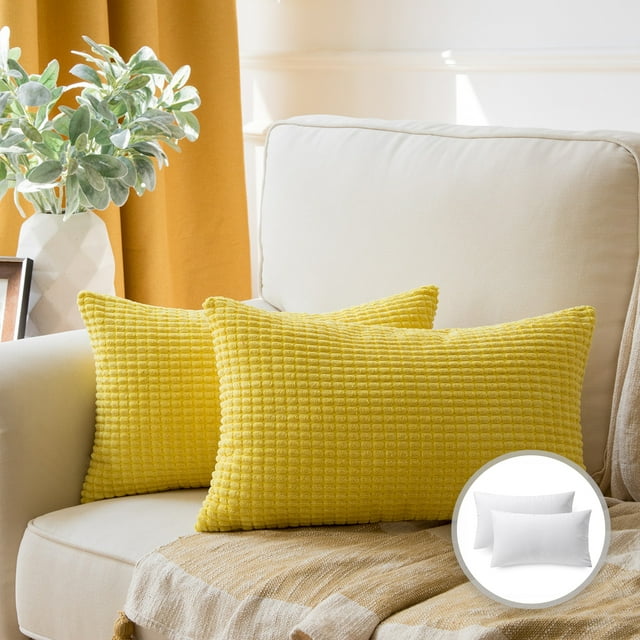 Phantoscope Striped Velvet Traditional Throw Pillows, 12" x 20", Yellow, Set of 2