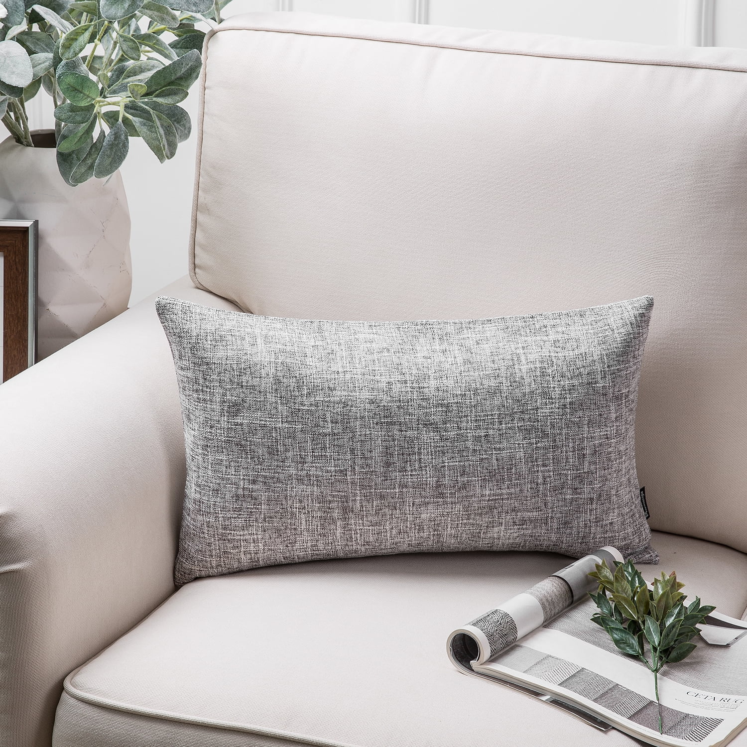 Phantoscope Textural Faux Linen Series Decorative Throw Pillow, 12" x 20", Grey, 1 Pack