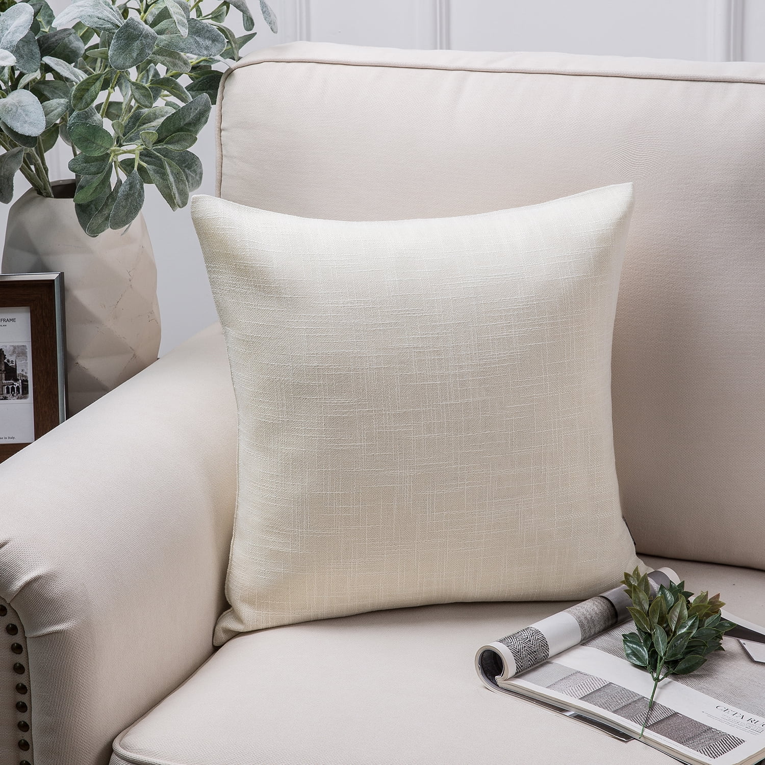 Phantoscope Textural Faux Linen Series Decorative Throw Pillow, 18" x 18", Off White, 1 Pack