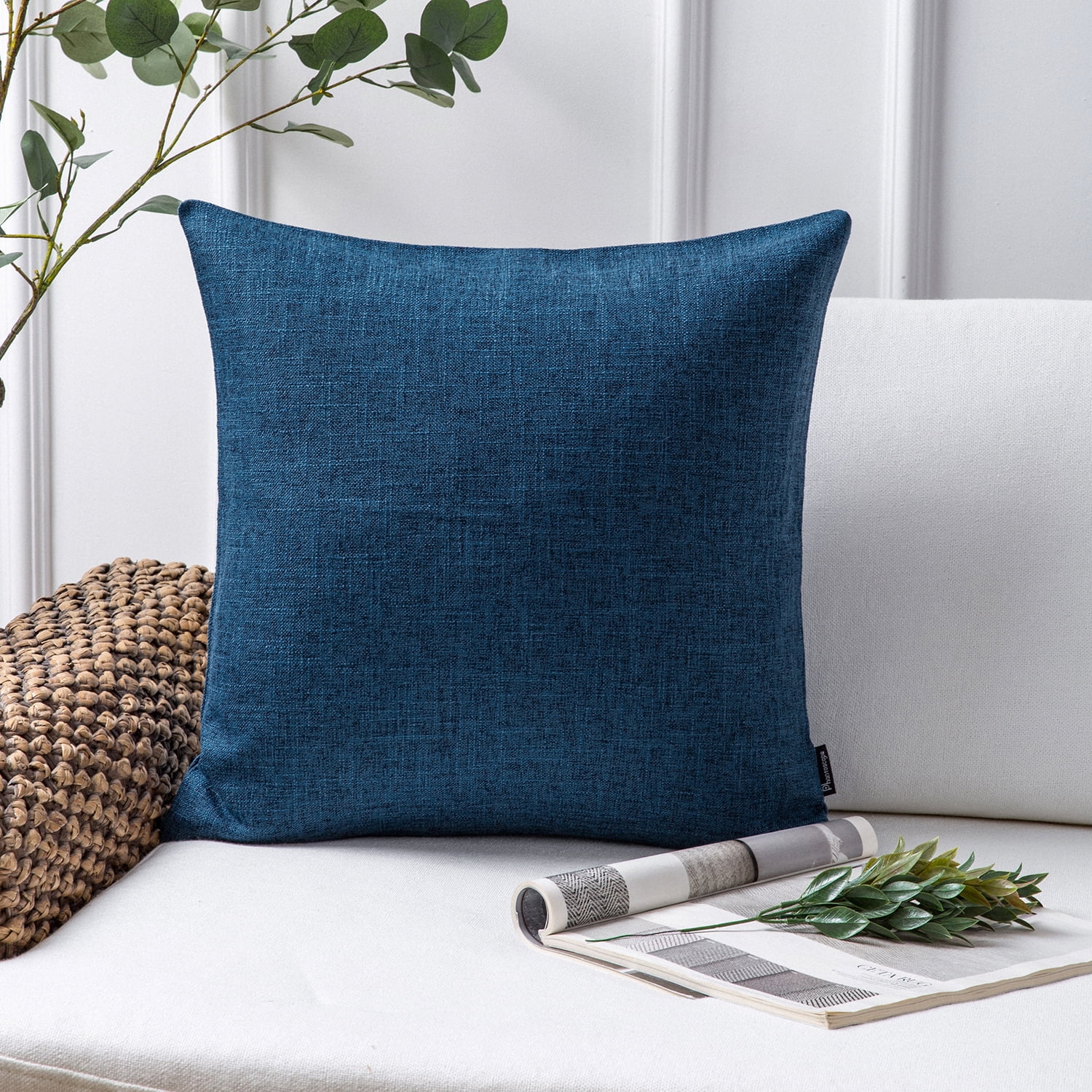 Phantoscope Textural Faux Linen Series Decorative Throw Pillow, 20" x 20", Navy Blue, 1 Pack