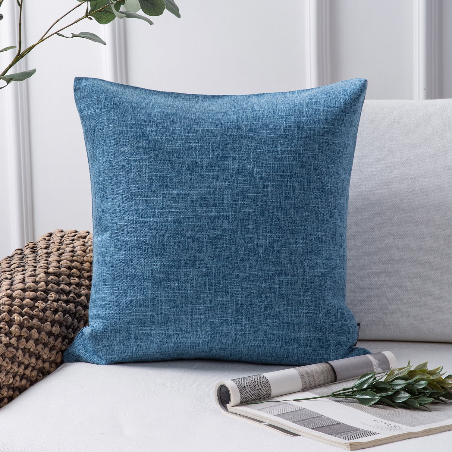 Phantoscope Textural Faux Linen Series Decorative Throw Pillow, 22" x 22", Blue, 1 Pack