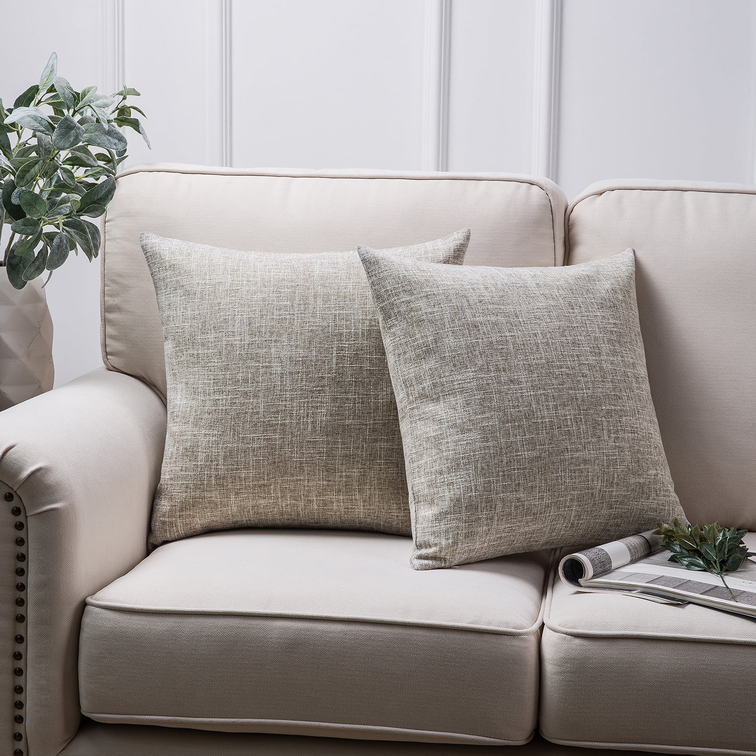 Phantoscope Textural Faux Linen Series Square Decorative Throw Pillow Cusion for Couch, 18" x 18", Beige, 2 Pack