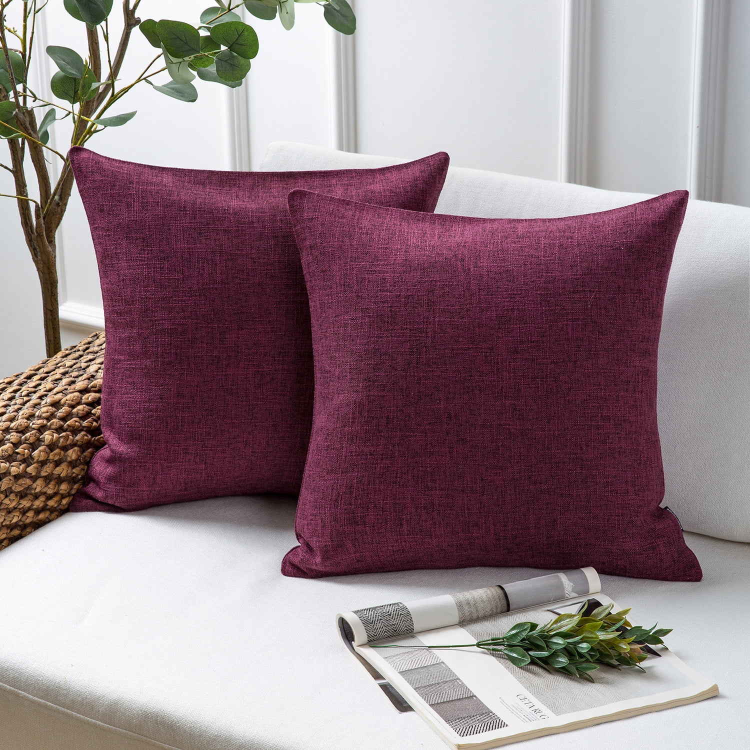 Phantoscope Textural Faux Linen Series Square Decorative Throw Pillow Cusion for Couch, 18" x 18", Purple, 2 Pack