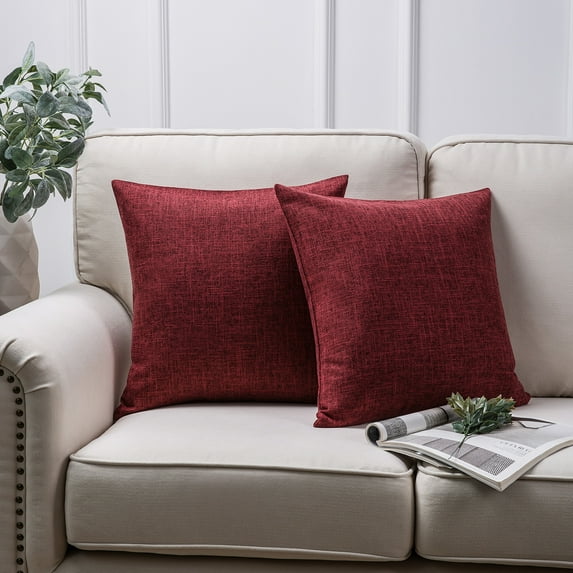 Phantoscope Textural Faux Linen Series Square Decorative Throw Pillow Cusion for Couch, 20" x 20", Rose Red, 2 Pack