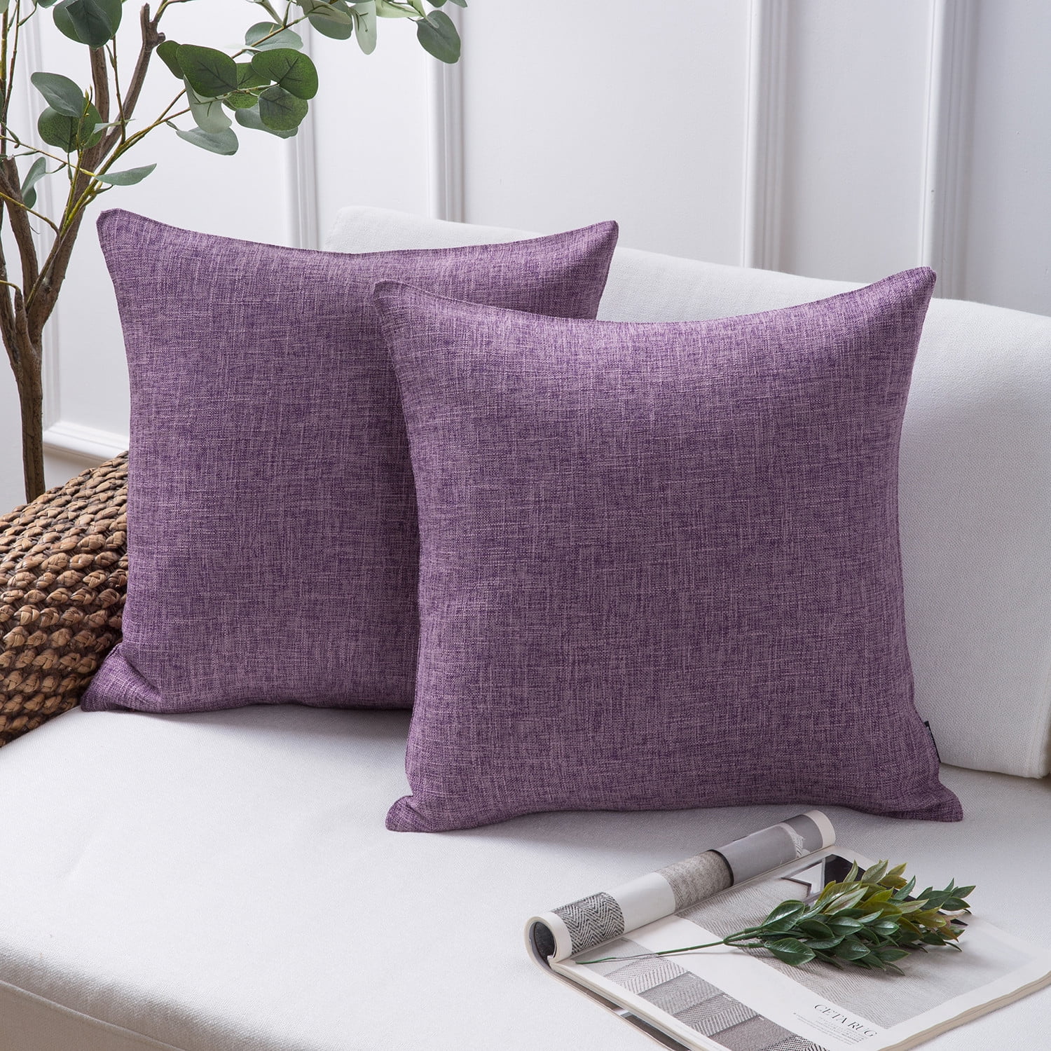 Phantoscope Textural Faux Linen Series Square Decorative Throw Pillow Cusion for Couch, 22" x 22", Light Purple, 2 Pack