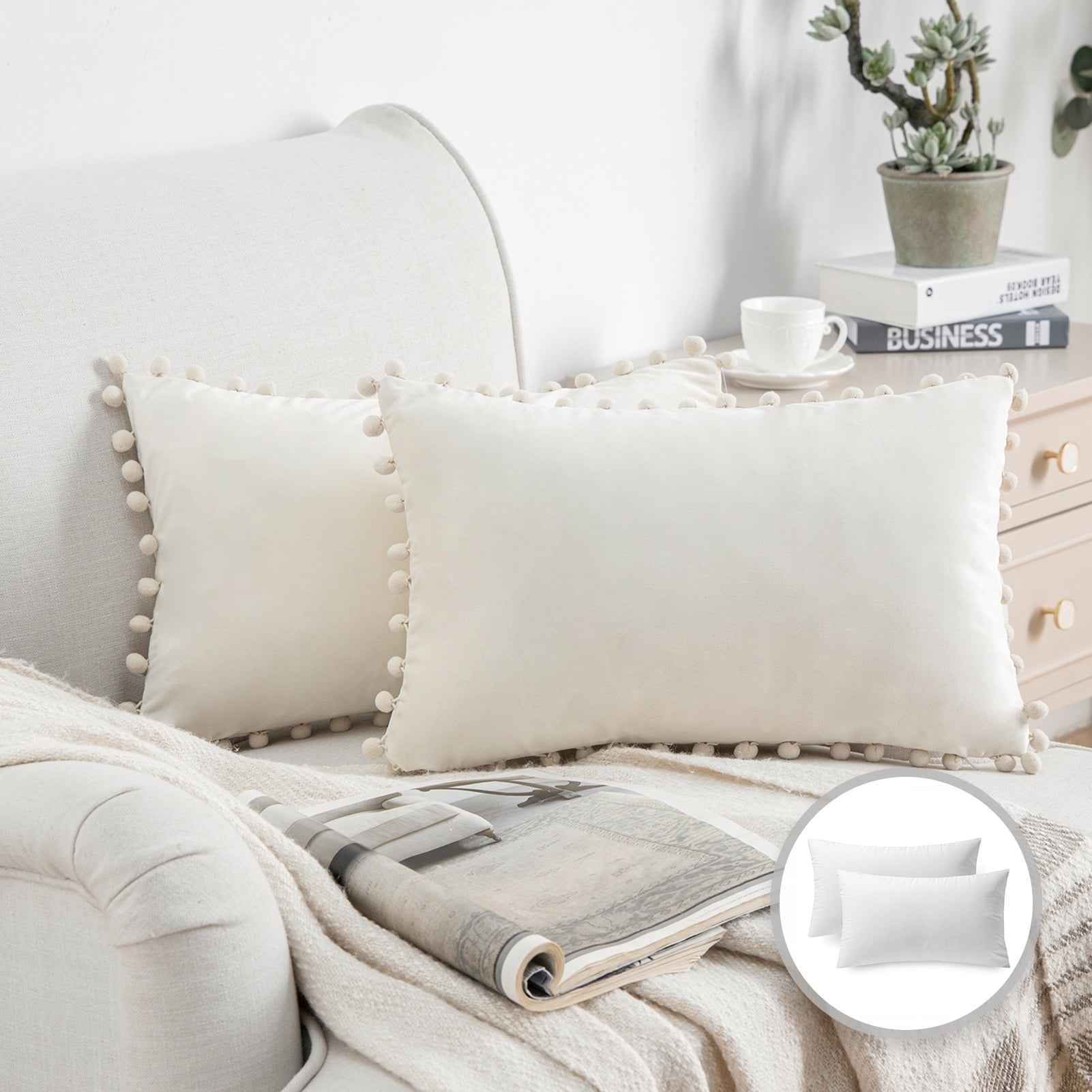 Phantoscope Throw Pillow with Insert，Silky Velvet Series Pom Pom Decorative pillow, 12" x 20", Off White, 2 Pack