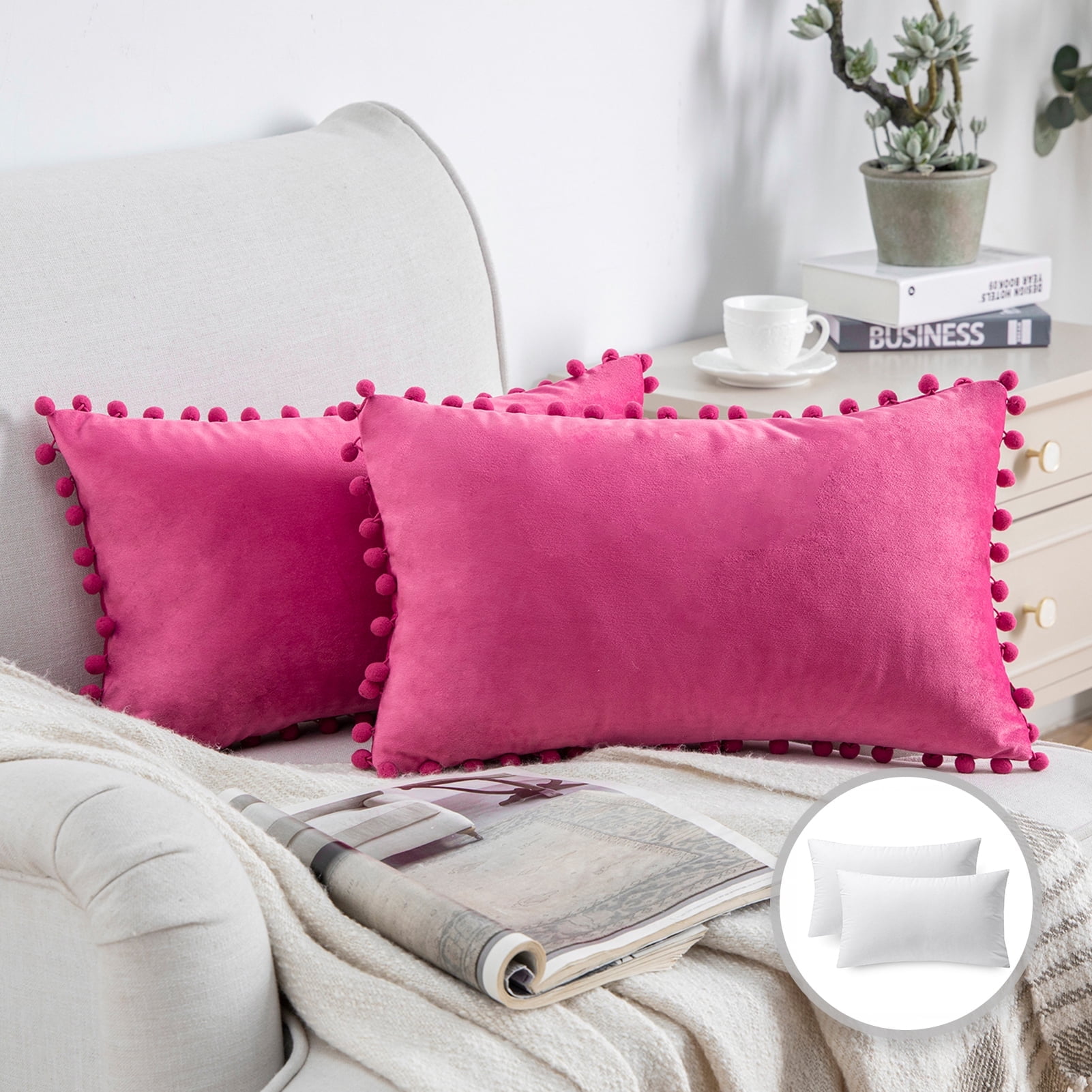 Phantoscope Throw Pillow with Insert，Silky Velvet Series Pom Pom Decorative pillow, 12" x 20", Pink, 2 Pack