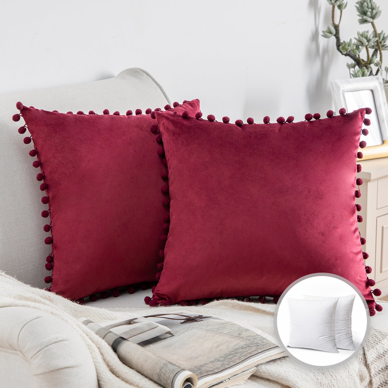 Phantoscope Throw Pillow with Insert，Silky Velvet Series Pom Pom Decorative pillow, 18" x 18", Dark Red, 2 Pack
