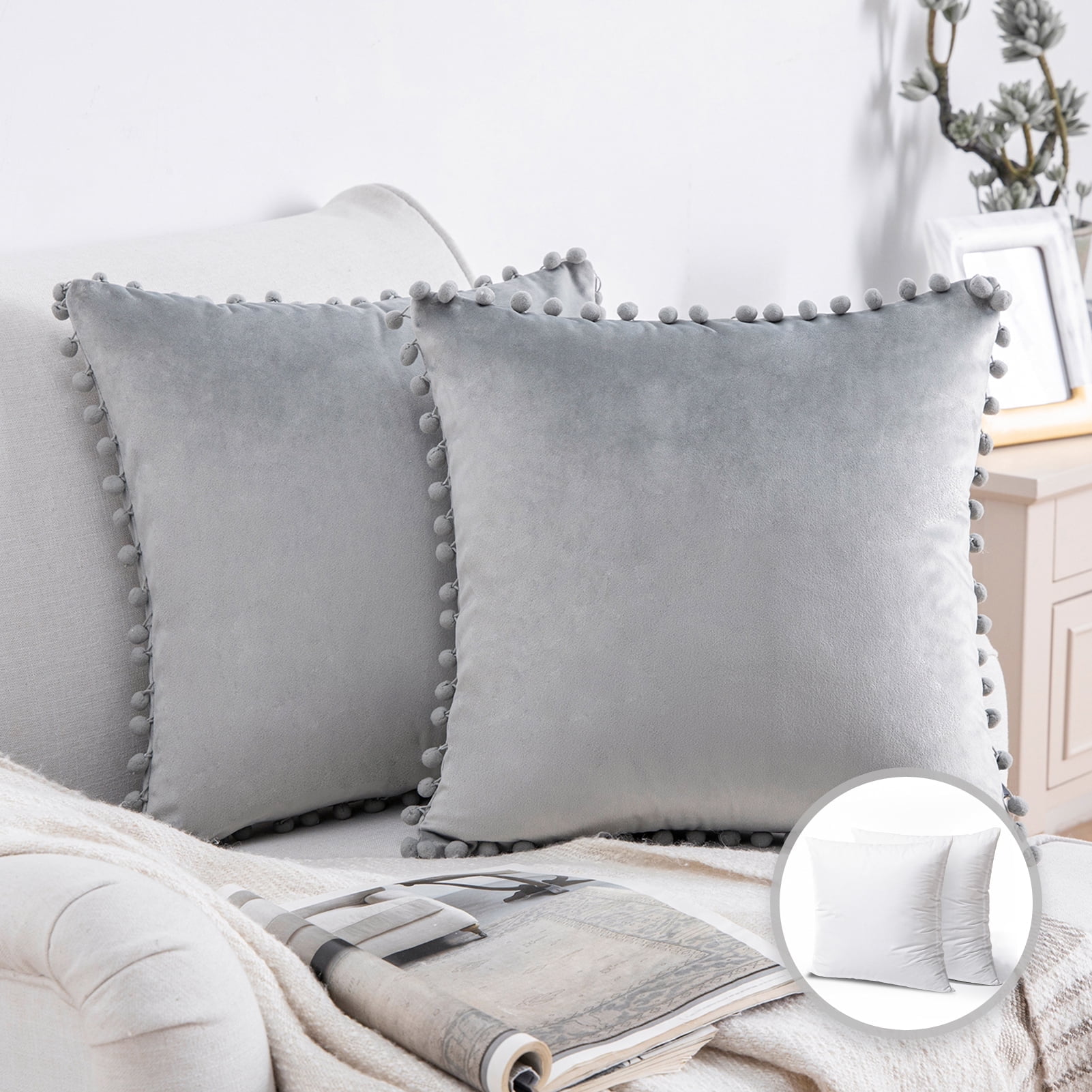 Phantoscope Throw Pillow with Insert，Silky Velvet Series Pom Pom Decorative pillow, 18" x 18", Gray, 2 Pack