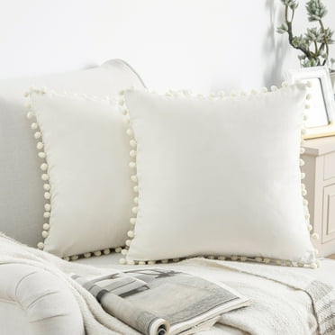 Phantoscope Throw Pillow with Insert，Silky Velvet Series Pom Pom Decorative pillow, 18" x 18", Off White, 2 Pack
