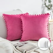 Phantoscope Throw Pillow with Insert，Silky Velvet Series Pom Pom Decorative pillow, 18" x 18", Pink, 2 Pack
