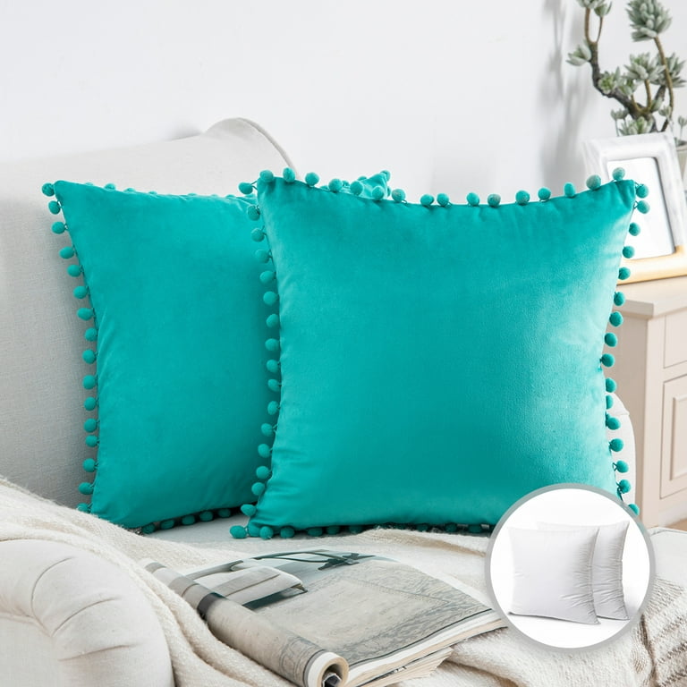 Phantoscope Pom Pom Velvet Series Decorative Throw Pillow, 18 inch x 18 inch, Pink, 2 Pack