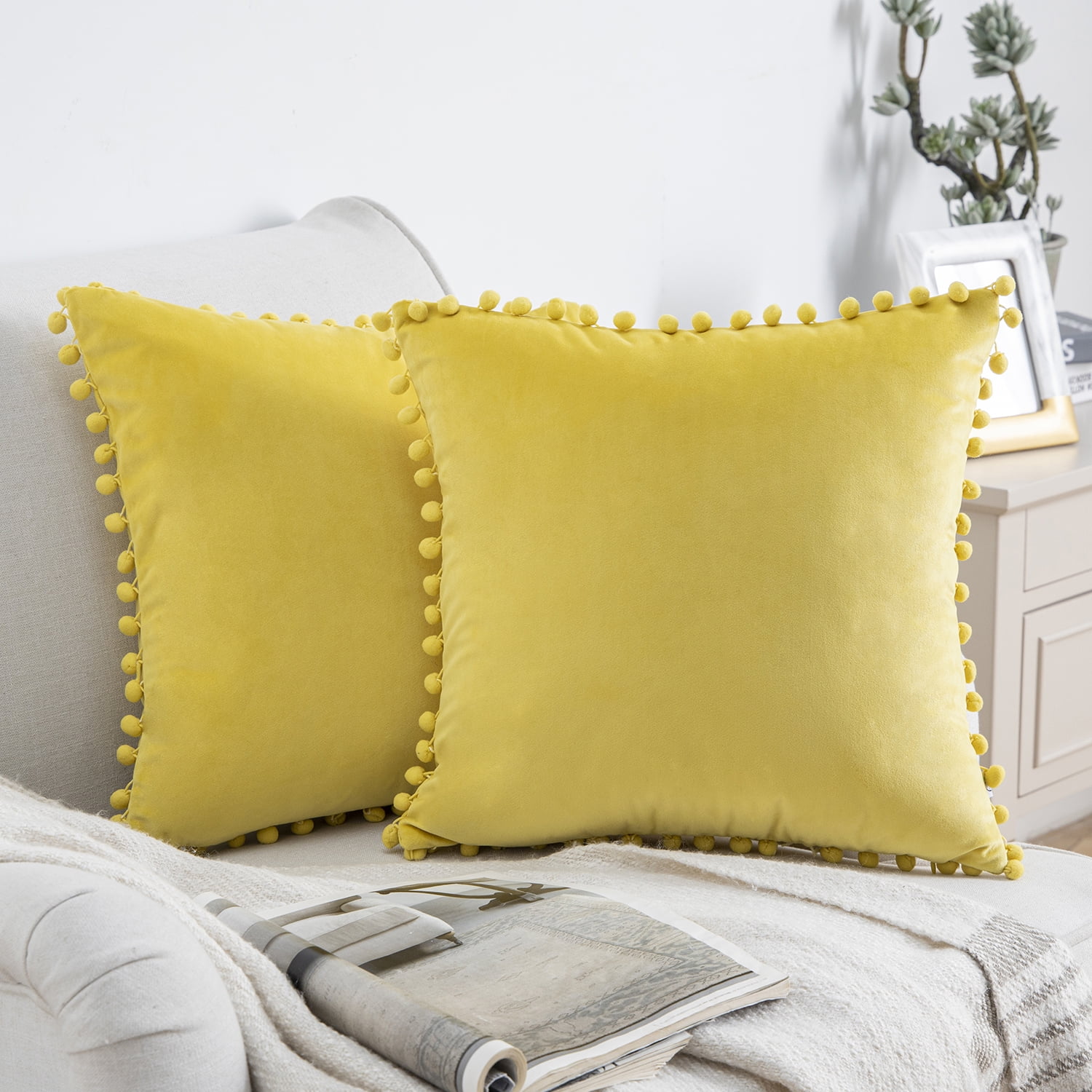 Phantoscope Silky Velvet Series Pom Pom Decorative Throw Pillow with Insert 18 x 18
