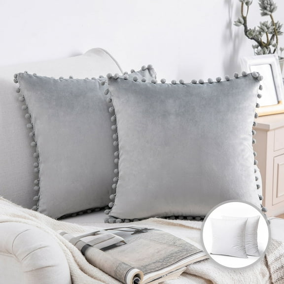 Phantoscope Throw Pillow with Insert，Silky Velvet Series Pom Pom Decorative pillow, 20" x 20", Gray, 2 Pack