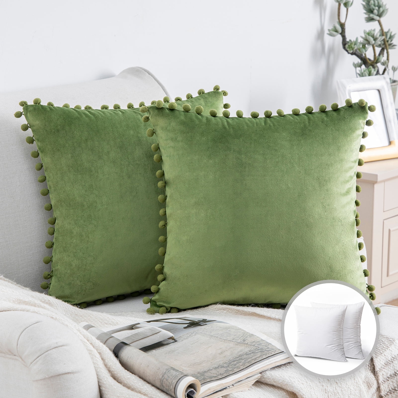 Phantoscope Throw Pillow with Insert，Silky Velvet Series Pom Pom Decorative pillow, 20" x 20", Green, 2 Pack