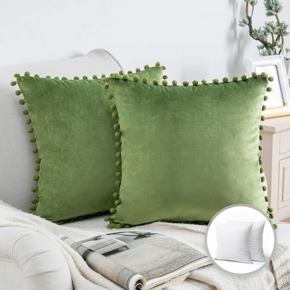 Phantoscope Throw Pillow with Insert,Silky Velvet Series Pom Pom Decorative pillow, 20" x 20", Green, 2 Pack