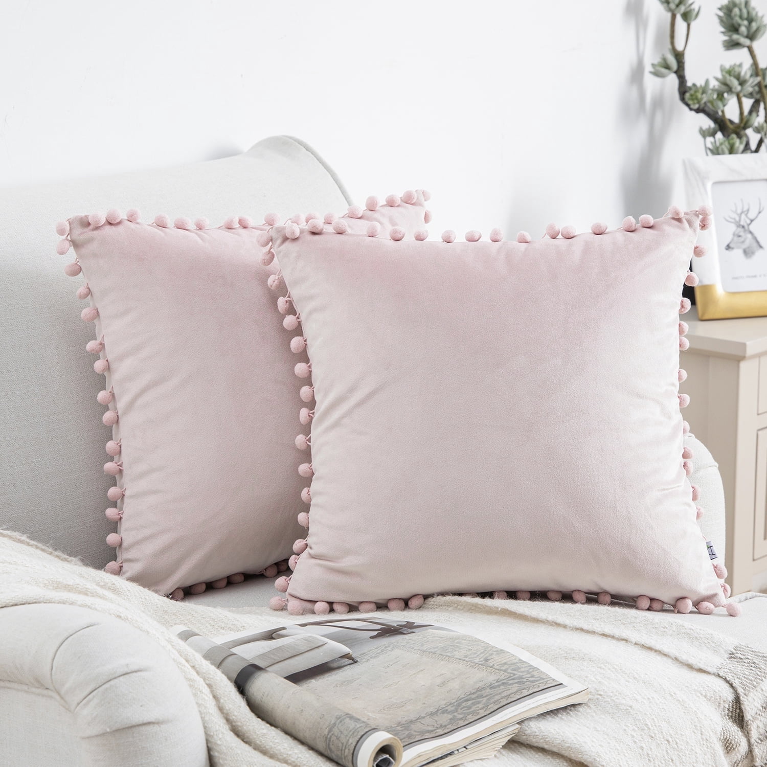 Silky Velvet Series Pom Pom Decorative Throw Pillow, 20" x 20", Light Pink, Set of 2