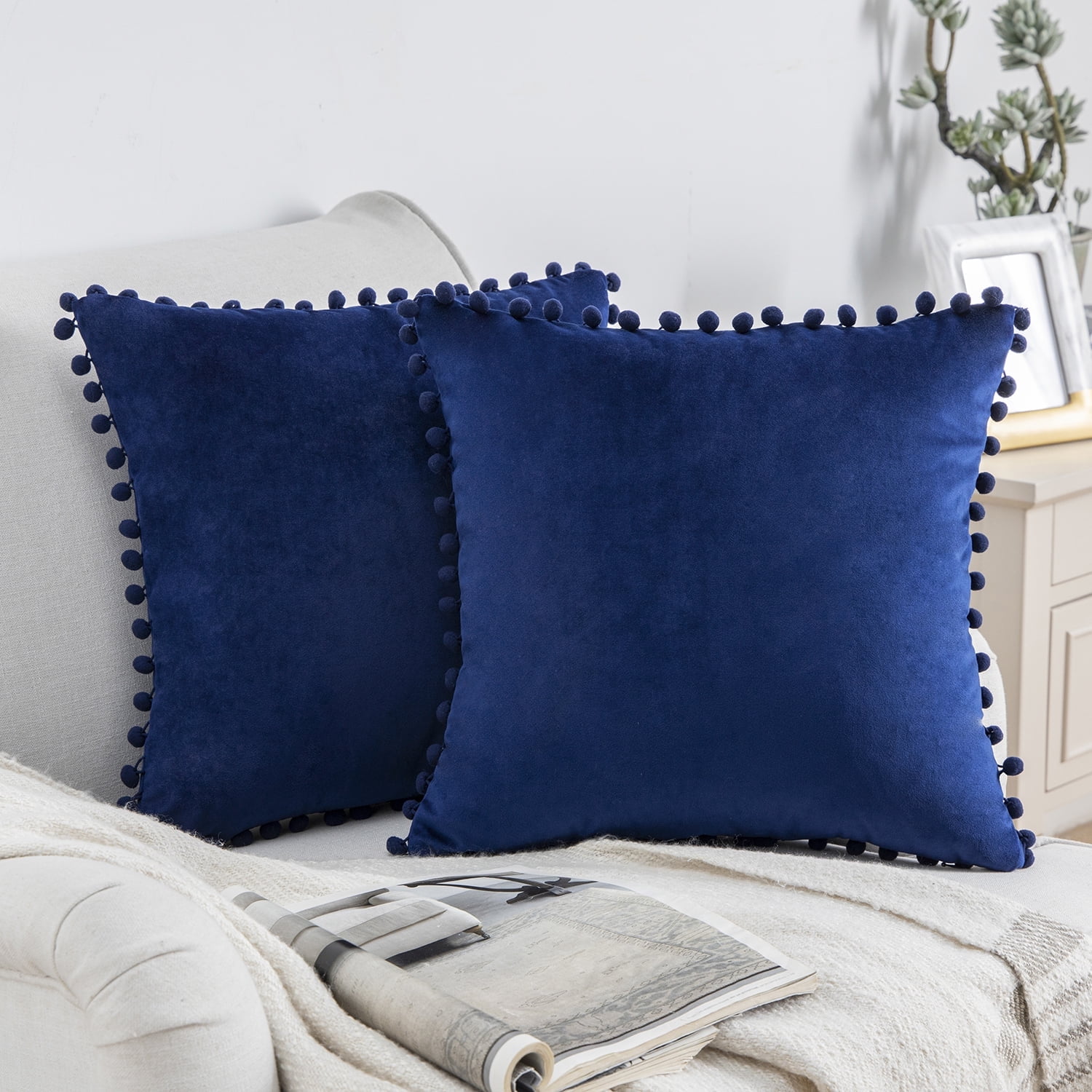 Phantoscope Throw Pillow with Insert，Silky Velvet Series Pom Pom Decorative pillow, 20" x 20", Navy Blue, 2 Pack