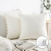 Phantoscope Silky Velvet Series Pom Pom Decorative Throw Pillow with Insert, 20" x 20", Off White, 2 Pack
