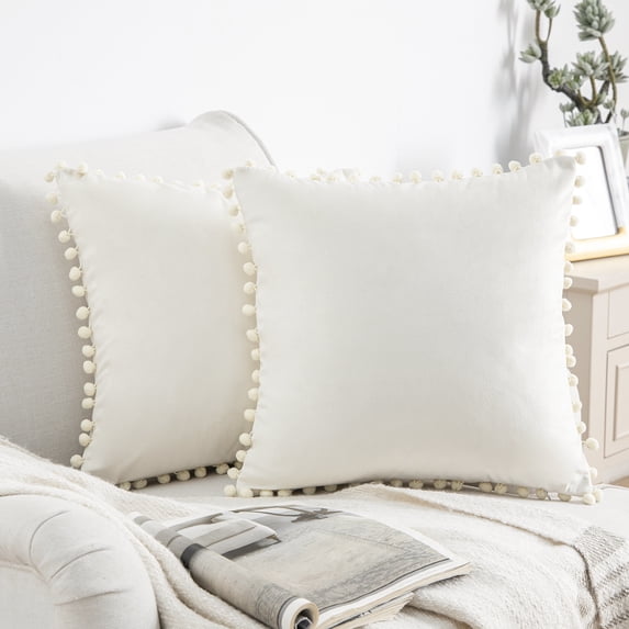 Phantoscope Silky Velvet Series Pom Pom Decorative Throw Pillow with Insert, 20" x 20", Off White, 2 Pack