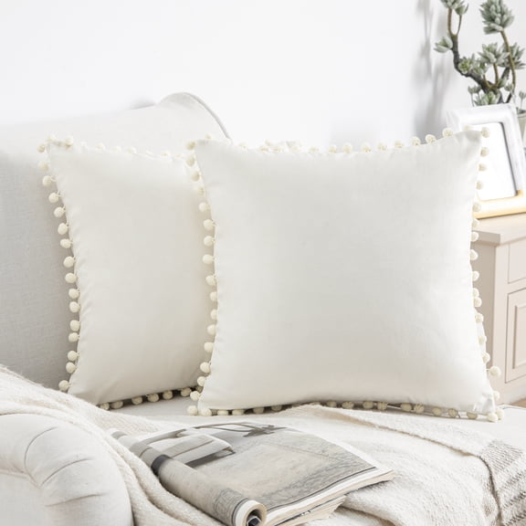 Phantoscope Silky Velvet Series Pom Pom Decorative Throw Pillow with Insert, 20" x 20", Off White, 2 Pack